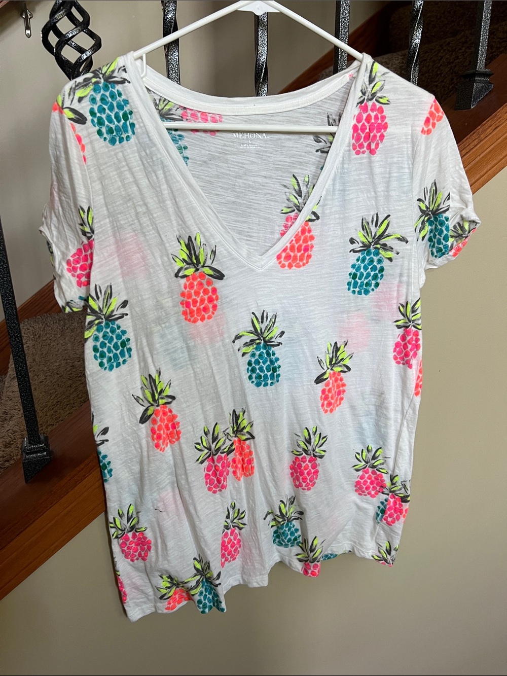 Merona White V-Neck Tee with Pink & Teal Pineapple Print